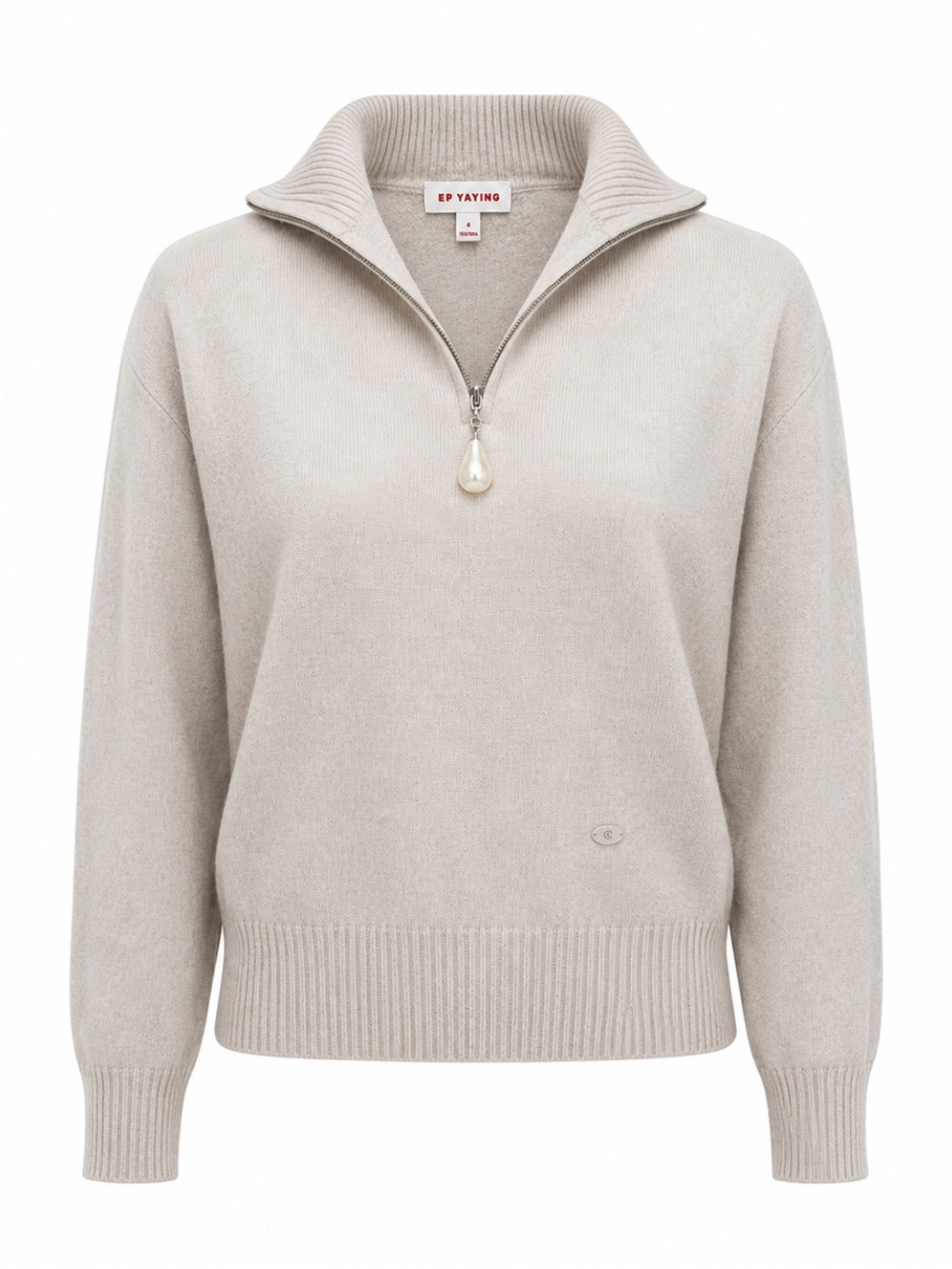 EP YAYING Cashmere Quarter Zip Cream Mock Neck Lightweight Luxury Knit Sweater